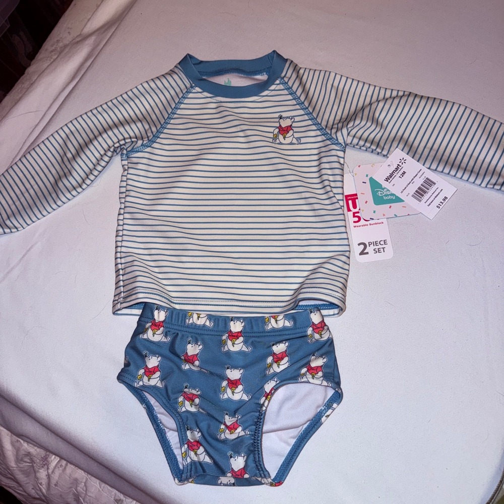 Disney Winnie the Pooh Swimsuit Baby 12M Blue NEW Rash Guard Set UPF 50+